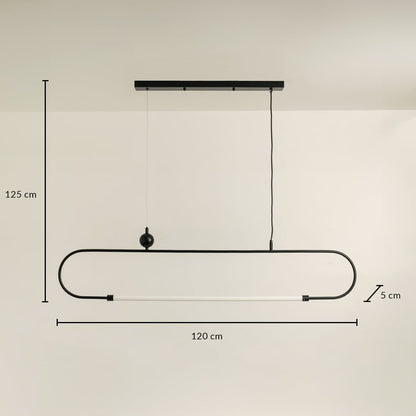 Black metal linear LED pendant light measuring 125 cm height and 120 cm width for modern interior lighting.