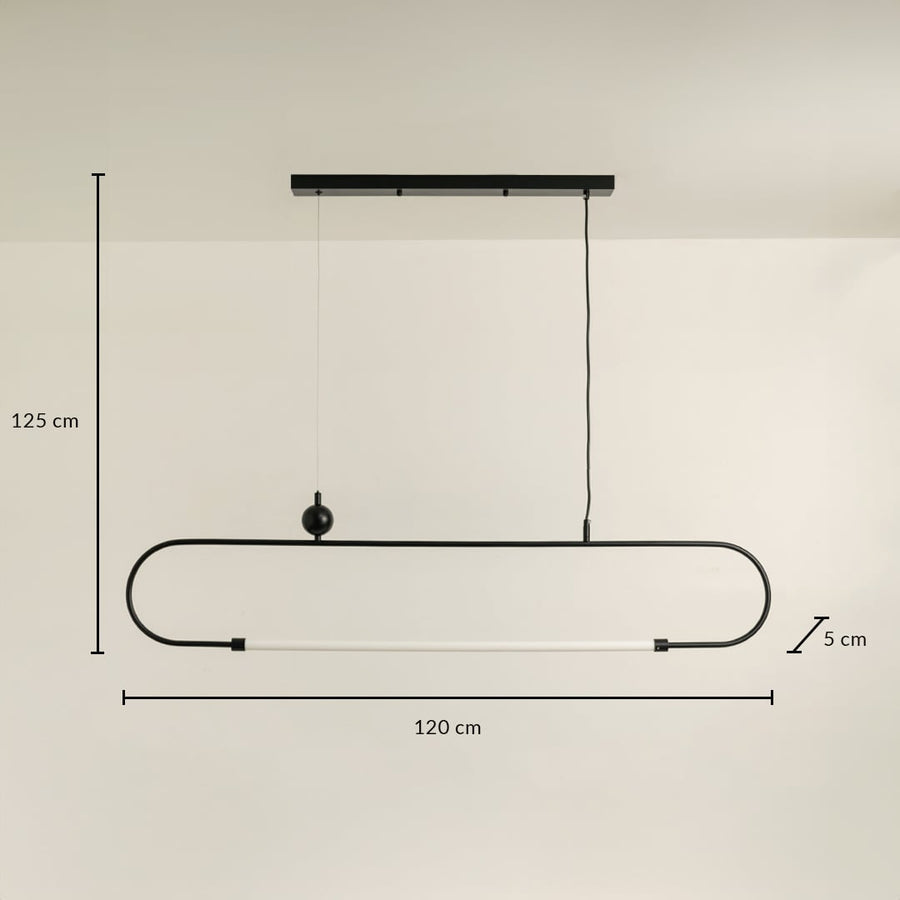Black metal linear LED pendant light measuring 125 cm height and 120 cm width for modern interior lighting.