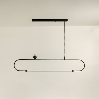 Black metal linear LED pendant light with integrated illumination designed for sleek contemporary ceiling lighting interiors.
