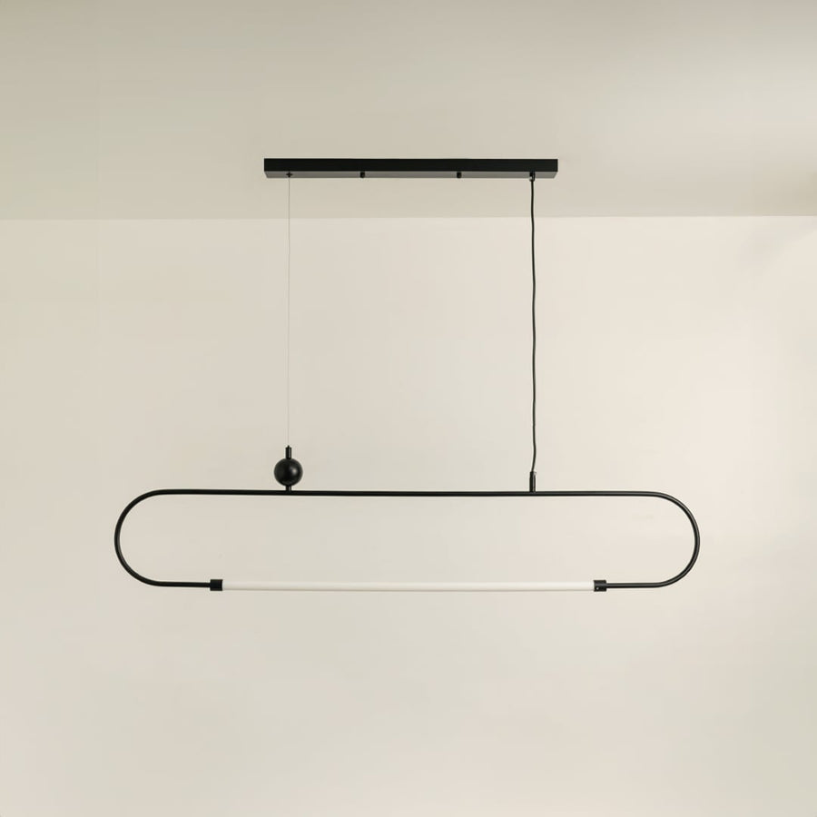Black metal linear LED pendant light with integrated illumination designed for sleek contemporary ceiling lighting interiors.