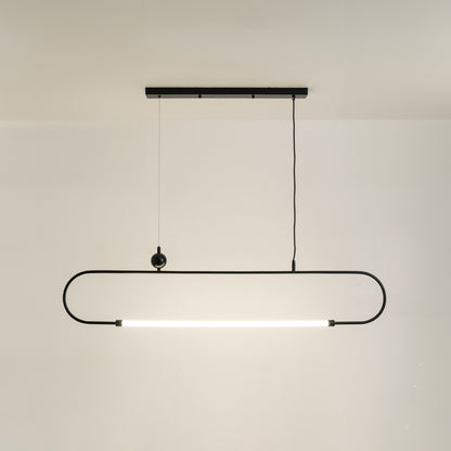 Black metal linear LED pendant light with integrated light bar offering sleek contemporary ceiling lighting design.