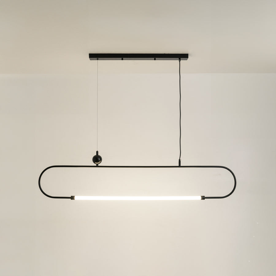 Black metal linear LED pendant light with integrated light bar offering sleek contemporary ceiling lighting design.