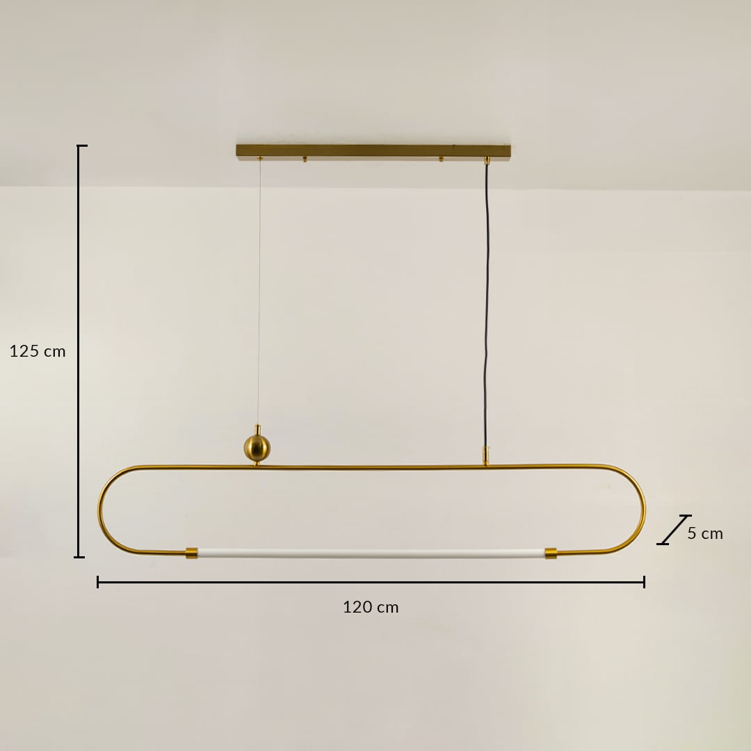 Gold linear pendant light with 120 cm width 125 cm height and 5 cm depth shown clearly for accurate hanging placement.