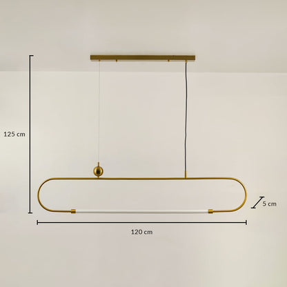 Gold linear pendant light with 120 cm width 125 cm height and 5 cm depth shown clearly for accurate hanging placement.