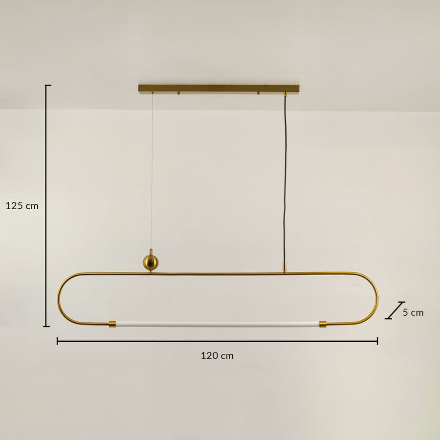 Gold linear pendant light with 120 cm width 125 cm height and 5 cm depth shown clearly for accurate hanging placement.