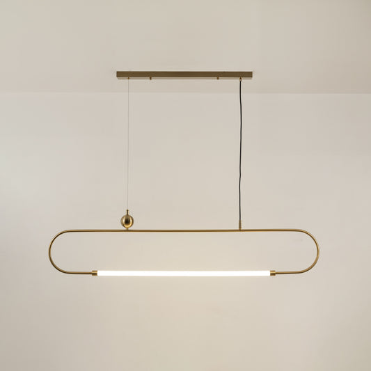Gold metal linear LED pendant light with integrated illumination designed for elegant modern ceiling lighting indoors.