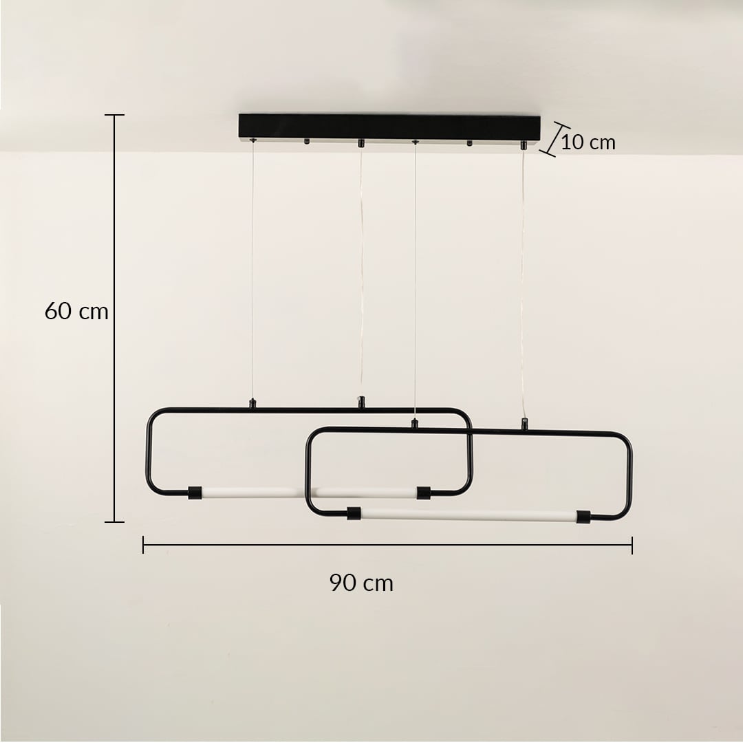 A geometric black ceiling light with rectangular loops shown with 45 cm height ideal for bold modern LED chandelier lighting and clean interior décor.