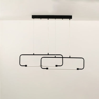 A black geometric ceiling light with rectangular frames ideal for bold modern LED chandelier lighting and minimal artistic interior décor in stylish homes.