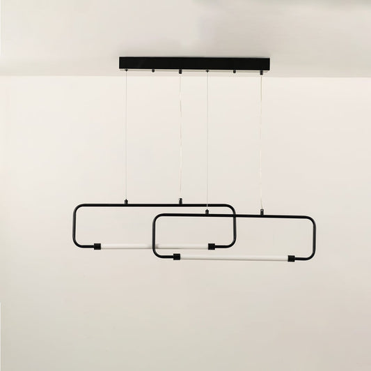 A black geometric ceiling light with rectangular frames ideal for bold modern LED chandelier lighting and minimal artistic interior décor in stylish homes.