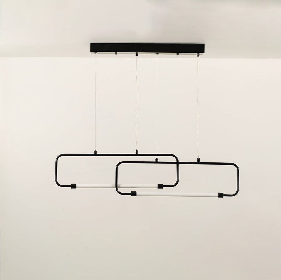 A black geometric ceiling light with rectangular frames ideal for bold modern LED chandelier lighting and minimal artistic interior décor in stylish homes.