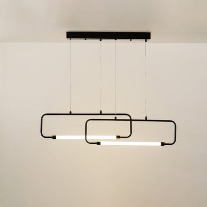 Black geometric ceiling light featuring stacked LED rectangular lines providing a clean contemporary glow suited for kitchens dining rooms and modern décor.
