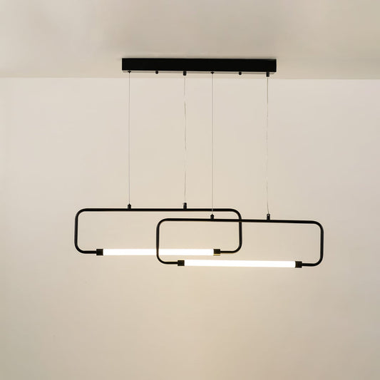 Black geometric ceiling light featuring stacked LED rectangular lines providing a clean contemporary glow suited for kitchens dining rooms and modern décor.