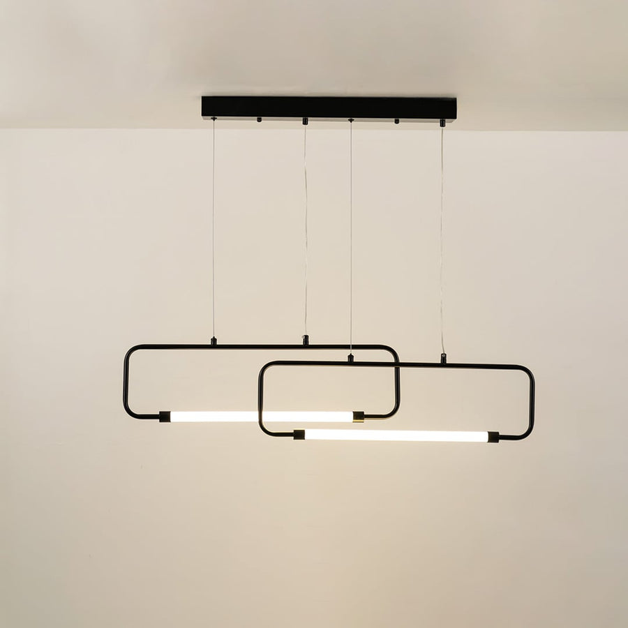Black geometric ceiling light featuring stacked LED rectangular lines providing a clean contemporary glow suited for kitchens dining rooms and modern décor.