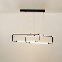 Black geometric ceiling light featuring stacked LED rectangular lines providing a clean contemporary glow suited for kitchens dining rooms and modern décor.