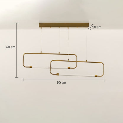 A geometric gold ceiling light with overlapping rectangular frames shown with 60 cm width ideal for modern LED chandelier lighting and luxury décor.