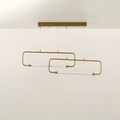 Designer gold metal linear pendant light with sculptural form displayed unlit on black background for premium interior ceiling styling.