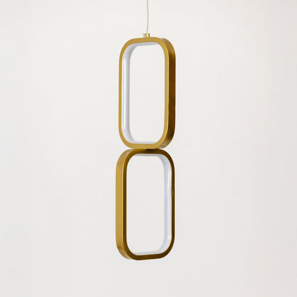 Gold and white metal dual frame hanging light shown switched off on white background for minimal stylish wall decor.
