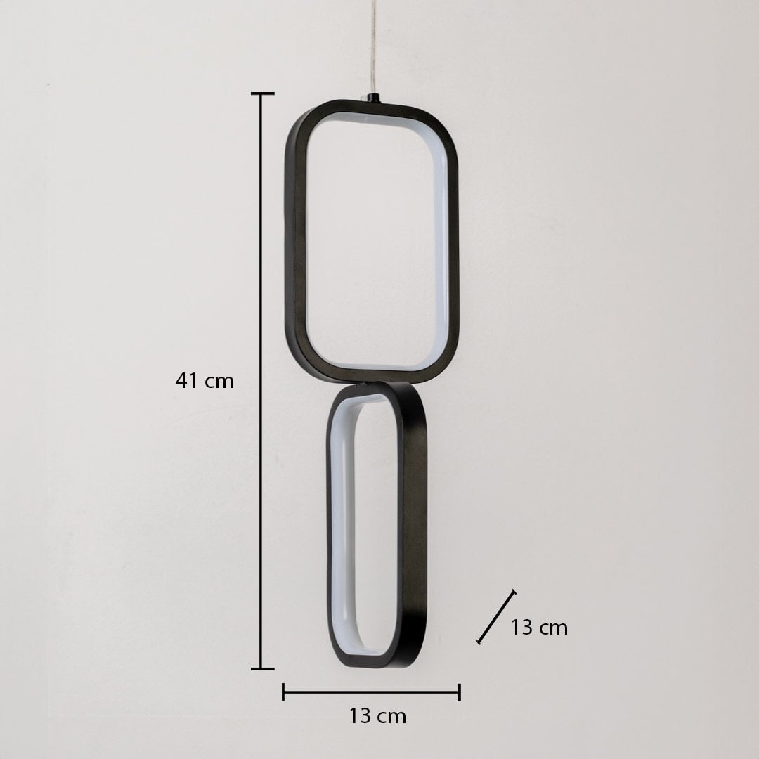 Black and white metal dual frame hanging light shown with 41 cm height 13 cm width and 13 cm depth for accurate placement.