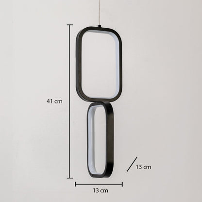 Black and white metal dual frame hanging light shown with 41 cm height 13 cm width and 13 cm depth for accurate placement.