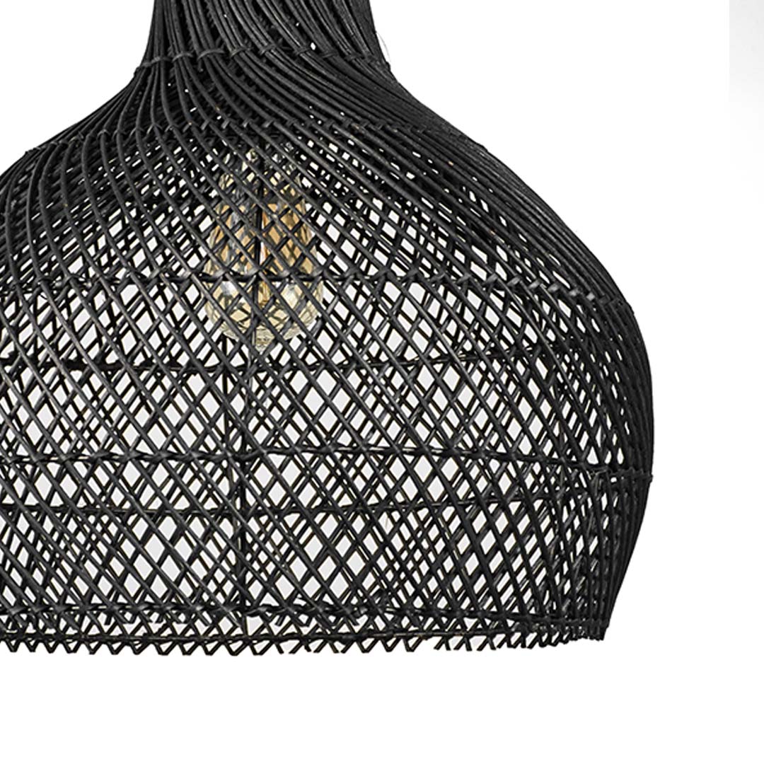 Closeup of black rattan pendant light showing intricate weaving pattern and fine handcrafted detailing with visible bulb.
