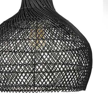 Closeup of black rattan pendant light showing intricate weaving pattern and fine handcrafted detailing with visible bulb.