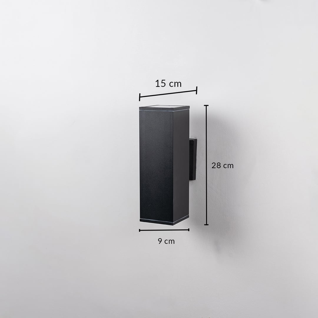 Rectangular black wall light dimension image showing 28 cm height and 9 cm width with minimalist structure.
