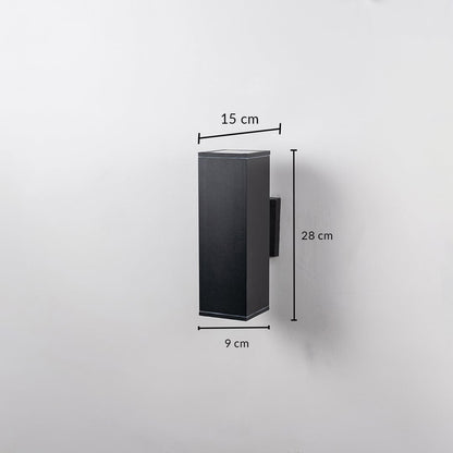 Rectangular black wall light dimension image showing 28 cm height and 9 cm width with minimalist structure.