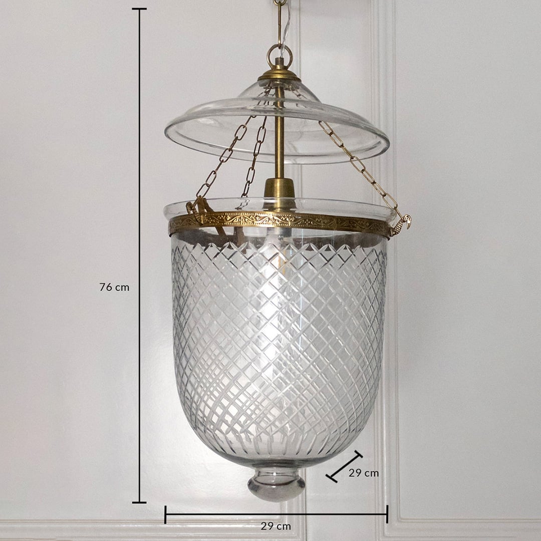 Dimension image of clear diamond cut glass and antique brass pendant light showing 70 cm height and 23 cm width.