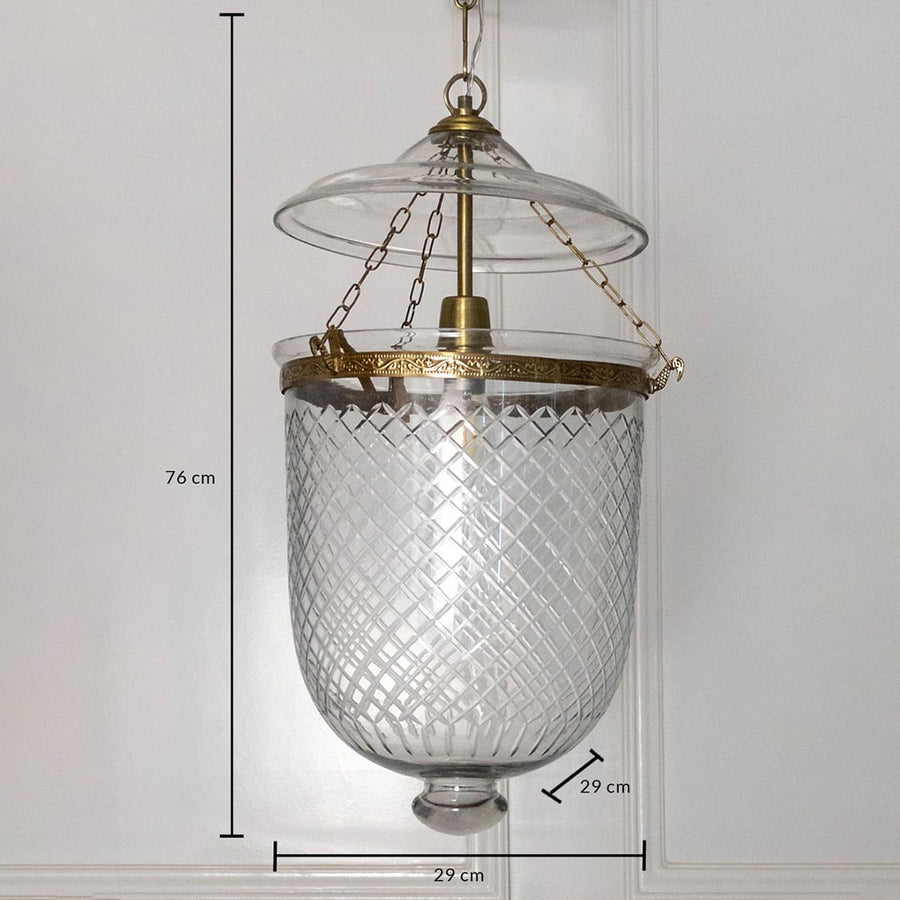 Dimension image of clear diamond cut glass and antique brass pendant light showing 70 cm height and 23 cm width.