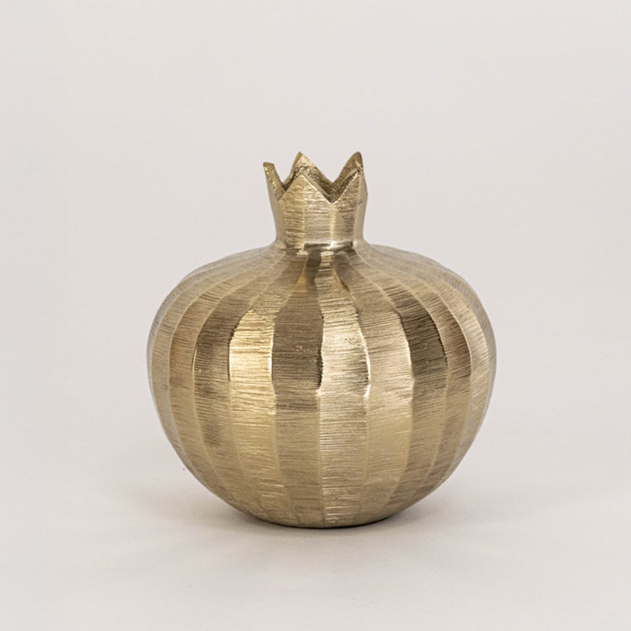 Gold metal pomegranate decor with crown top and textured finish ideal for tabletop accent or festive modern styling