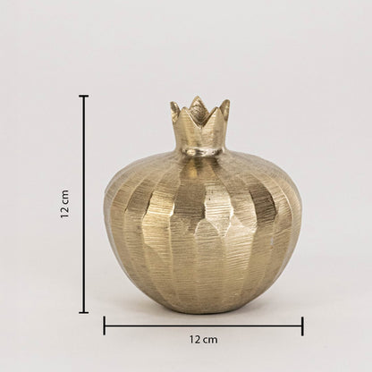 Gold pomegranate decorative accent on a white background with dimensions showing 12 cm height and 12 cm width