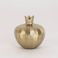 Textured metal decor bowl in gold finish with crown lid for table decor or shelf styling modern home placement white background.