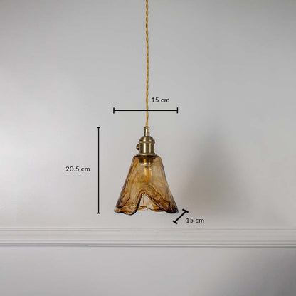 Dimension image of amber marbled glass pendant light with brass accents showing 20.5 cm height and 15 cm width.