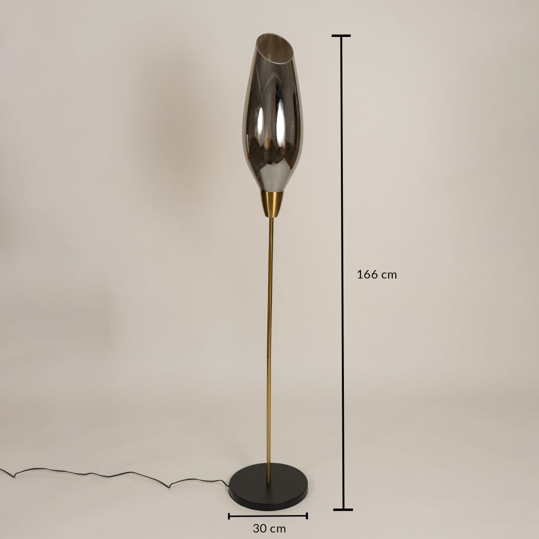 Floor lamp shown with 166 cm height and 30 cm base width featuring a tall smoke grey glass shade and metal stand ideal for modern interior home decor lighting.