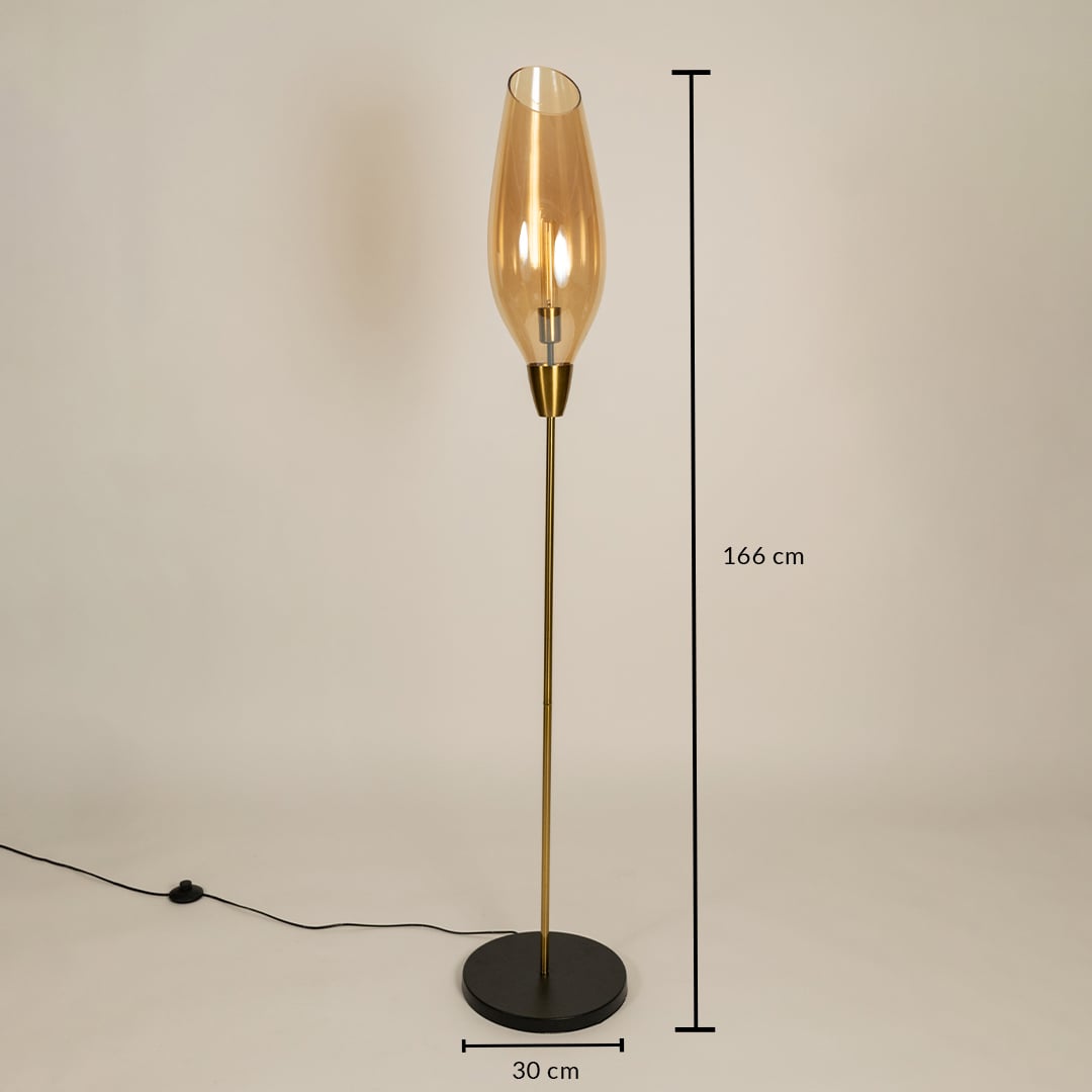 Modern floor lamp with amber glass shade and black metal stand for living room bedroom or lounge showing dimensions.