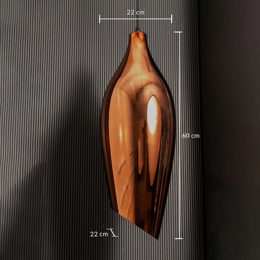 A bronze glass pendant light shown with 22 cm width 22 cm depth and 60 cm height measurements highlighting its tall elegant sculptural design.