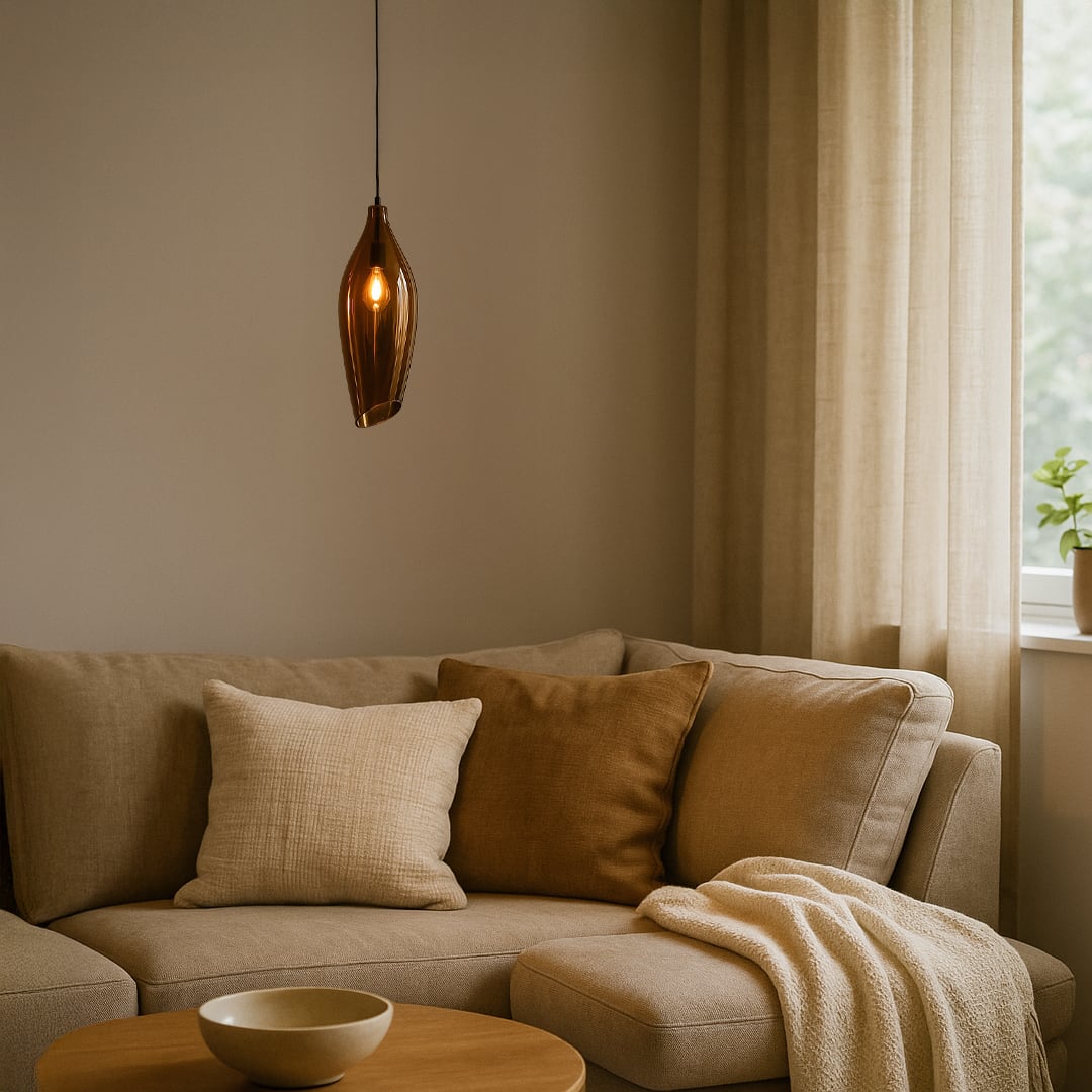 A modern bronze tinted glass pendant light glowing softly above a beige sofa creating warm ambient lighting ideal for living rooms reading corners and cozy interiors.