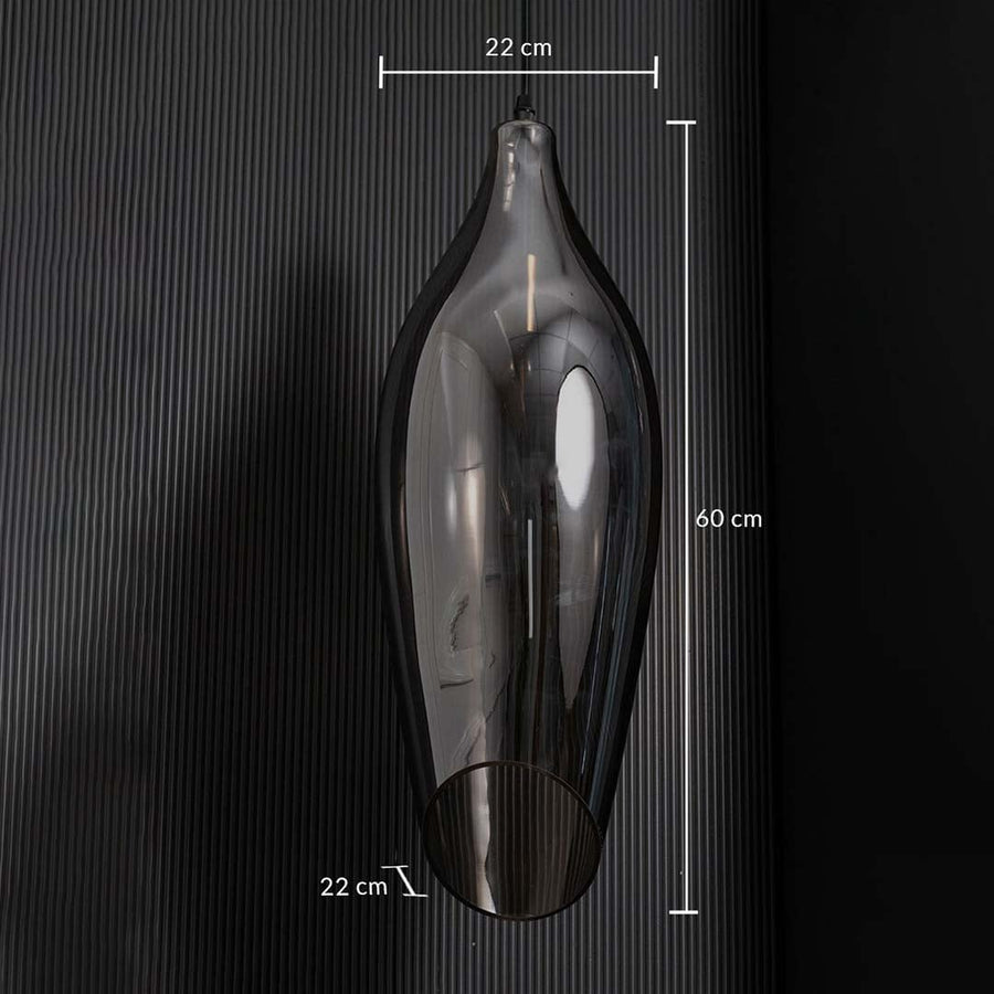 A smoked black glass pendant light shown with 22 cm width 22 cm depth and 60 cm height measurements highlighting its tall sculptural design.