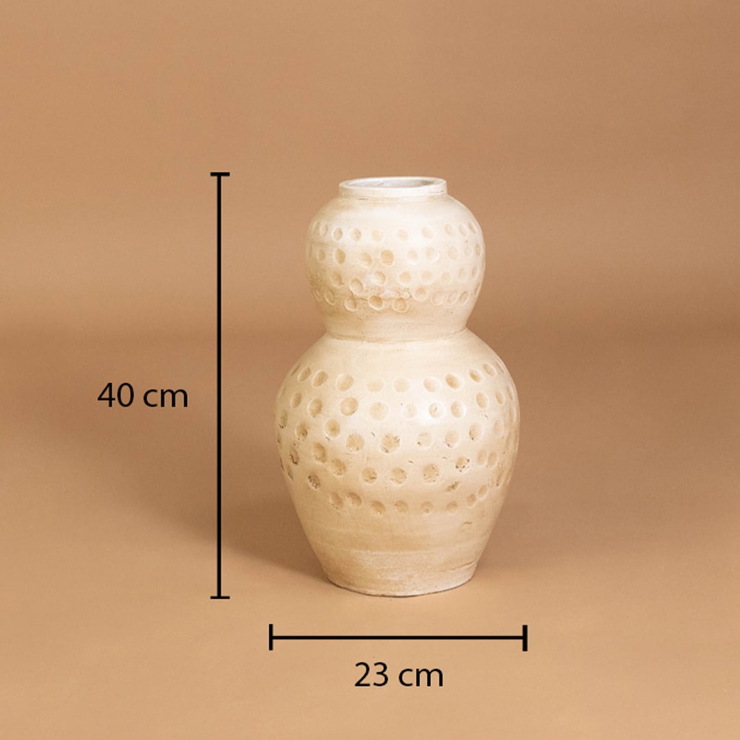 Cream polka dot textured decorative vase shown with 40 cm height and 23 cm width for accurate placement in modern home interior decor settings.