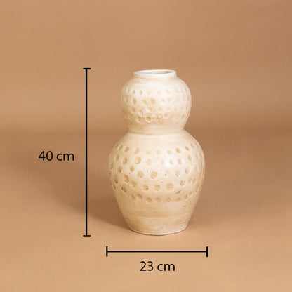 Cream polka dot textured decorative vase shown with 40 cm height and 23 cm width for accurate placement in modern home interior decor settings.