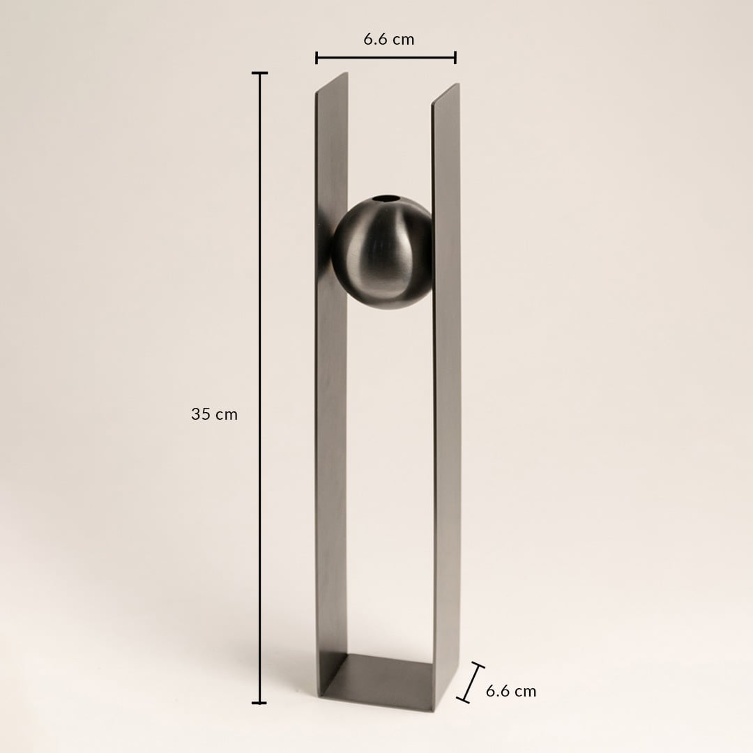 Dimensions of the Black Metal Sphere Vase are 35 cm in height and 6.6 cm in width highlighting its tall narrow and elegant structure.