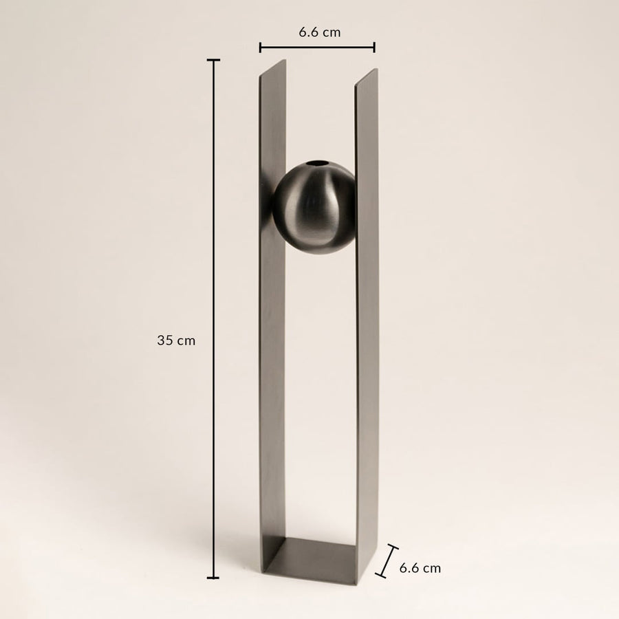 Dimensions of the Black Metal Sphere Vase are 35 cm in height and 6.6 cm in width highlighting its tall narrow and elegant structure.