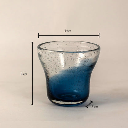 Blue bubble glass vase measuring 8 cm in height and 9 cm in width with marked dimensions for reference.