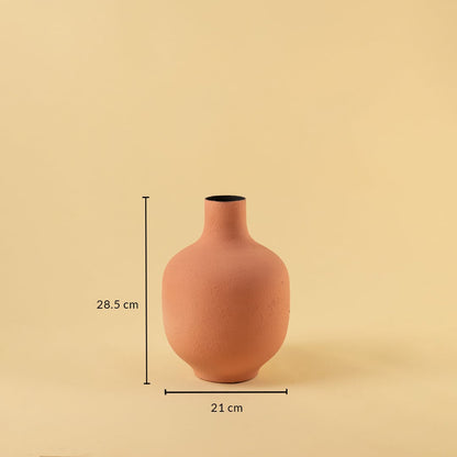 Terracotta textured metal vase shown with 28.5 cm height and 21 cm width offering a clear and accurate size reference.