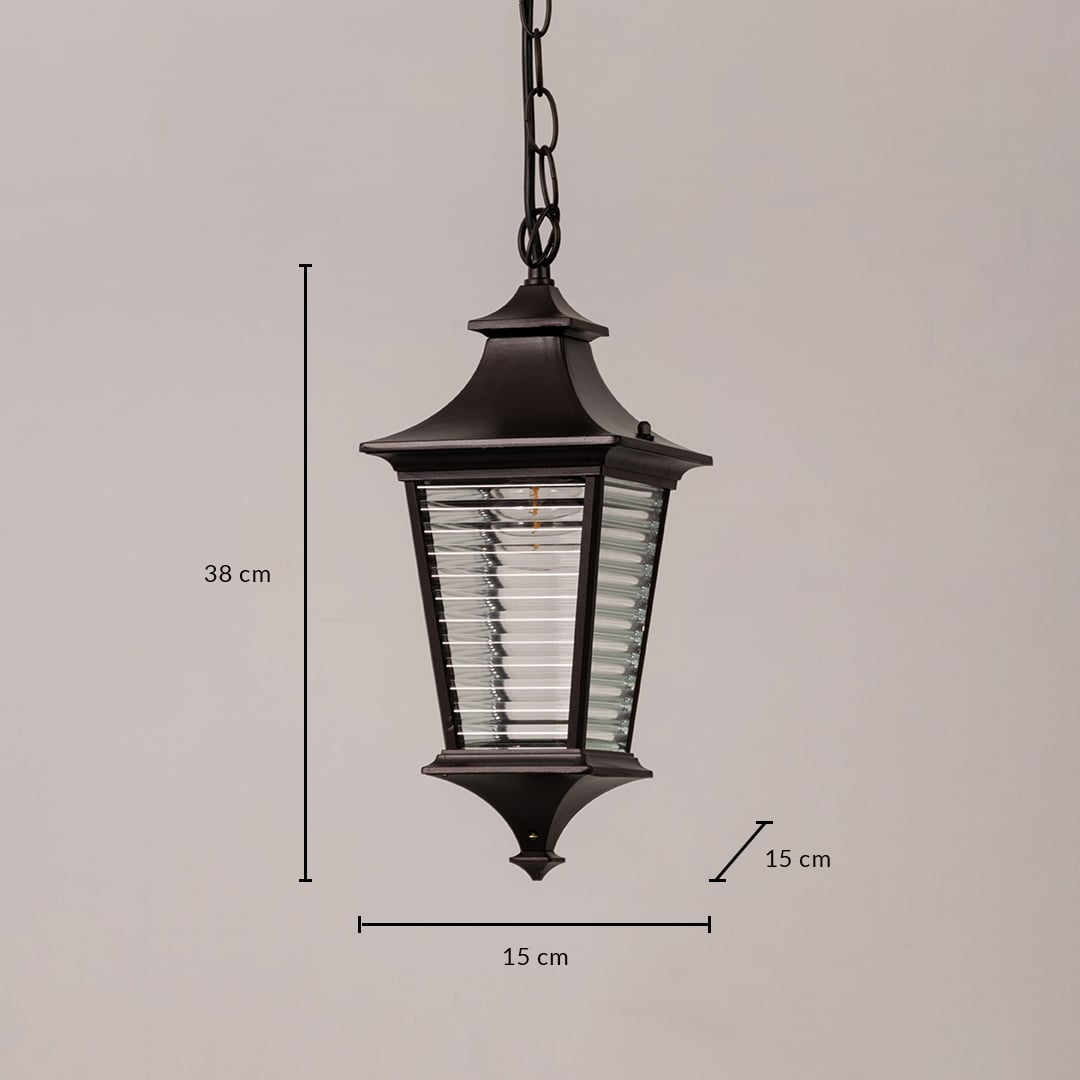 Black metal outdoor hanging lantern size 38 cm height 15 cm width and 15 cm depth shown clearly for accurate selection.