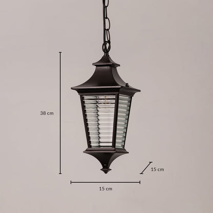 Black metal outdoor hanging lantern size 38 cm height 15 cm width and 15 cm depth shown clearly for accurate selection.