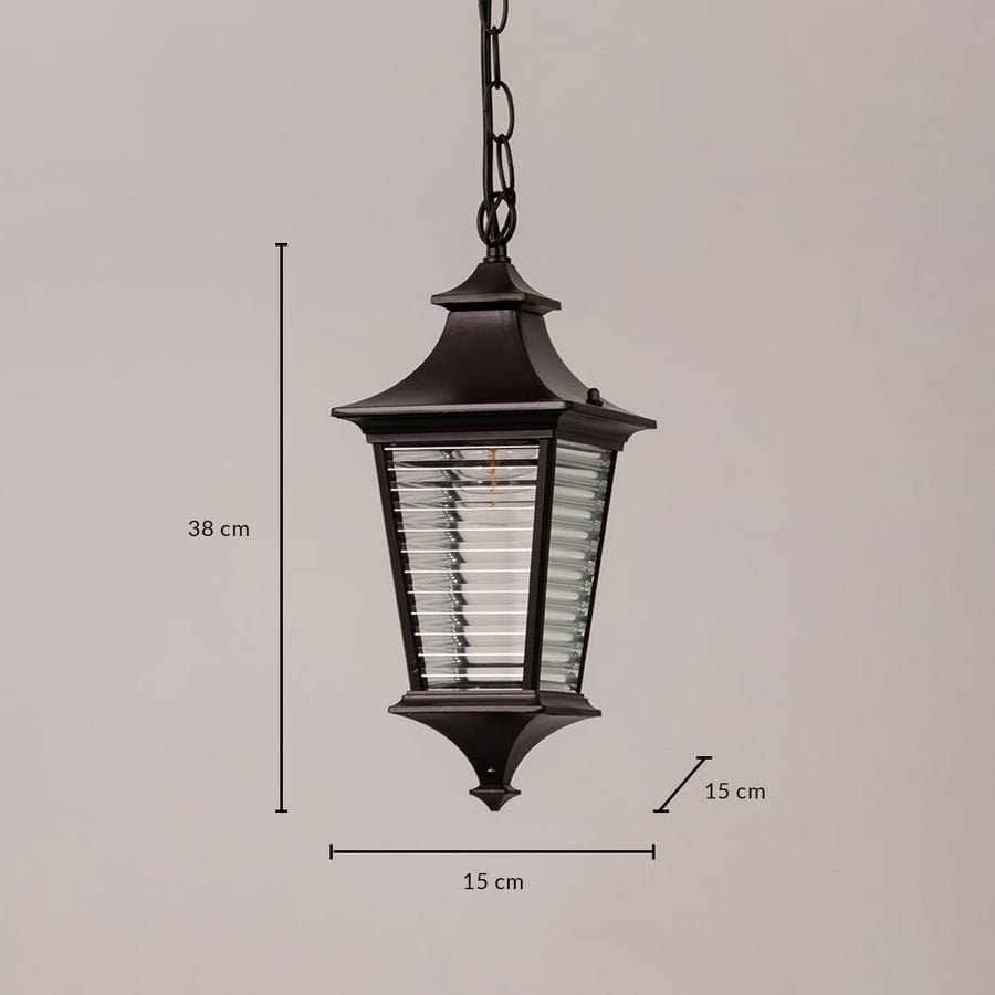 Black metal outdoor hanging lantern size 38 cm height 15 cm width and 15 cm depth shown clearly for accurate selection.