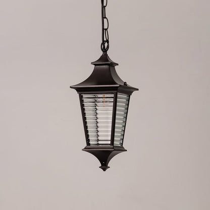 Black metal outdoor hanging lantern with ribbed glass displayed on white background for classic exterior decor styling.