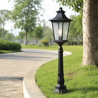 Traditional black aluminum garden post lamp light for outdoor backyard lawn pathway walkway landscape exterior decoration.