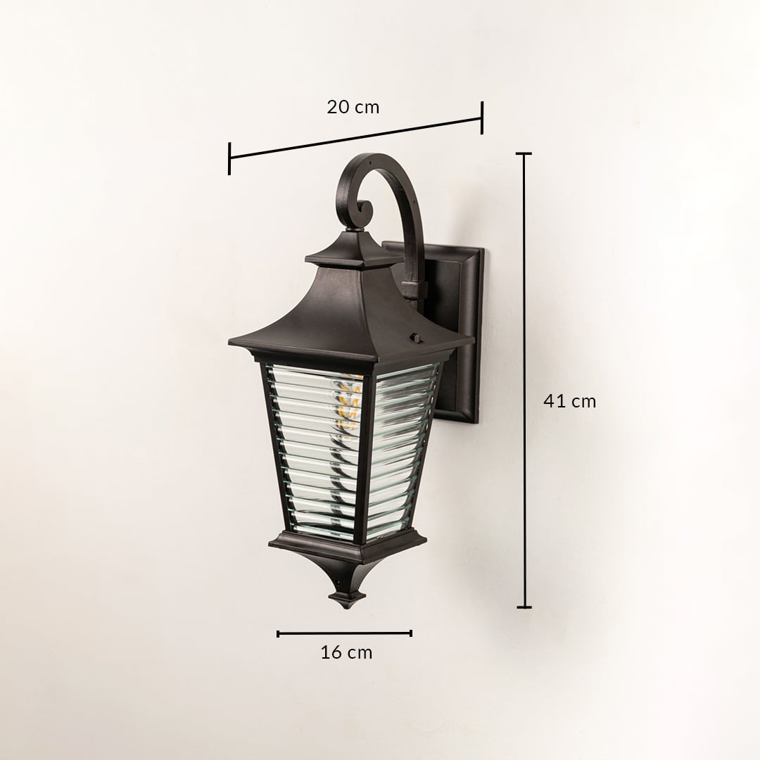 Dimensions of lantern wall light shown as 41 cm height 20 cm depth and 16 cm width for accurate fitting and placement.